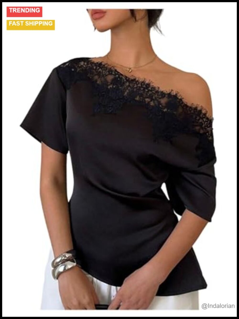Off Shoulder Lace Asymmetrical Satin Blouse Short Sleeve Dressy Top
